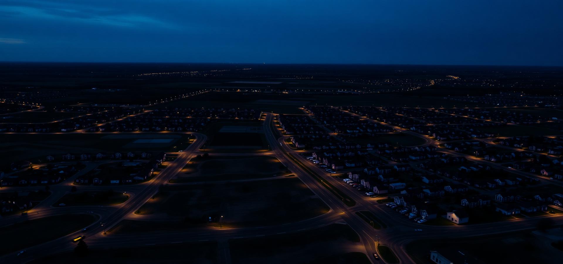 Aerial view of a Central Alberta development at dusk