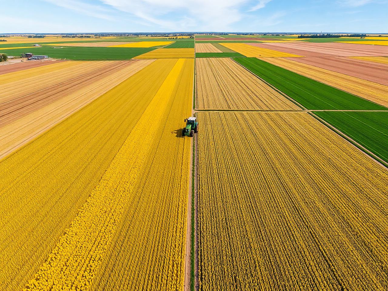 Aerial view of Central Alberta crop fields with a tractor working